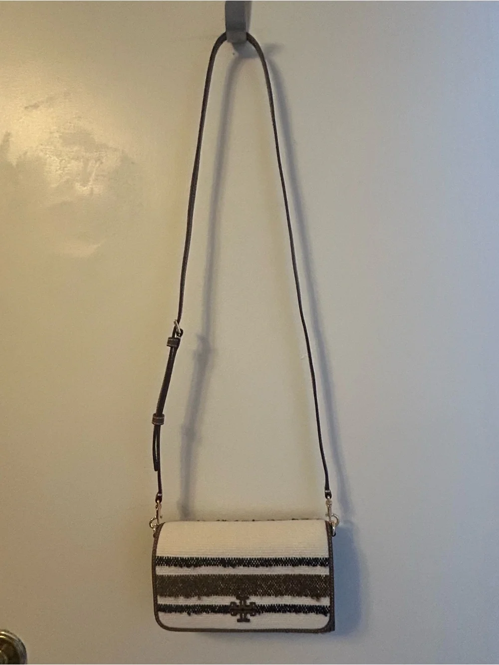 Tory Burch Cream, Brown & Black Striped Crossbody Bag